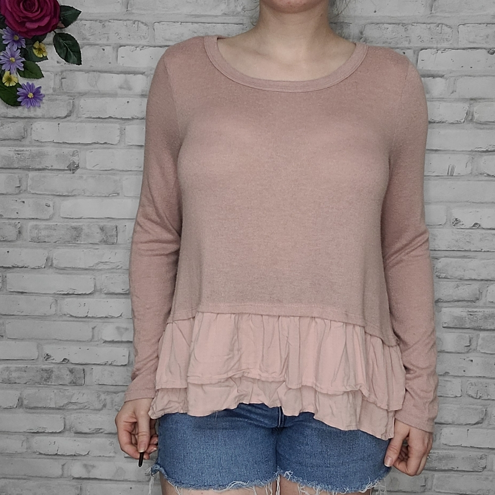 Le Lis Blush Pink Layered Ruffle Crewneck Sweater